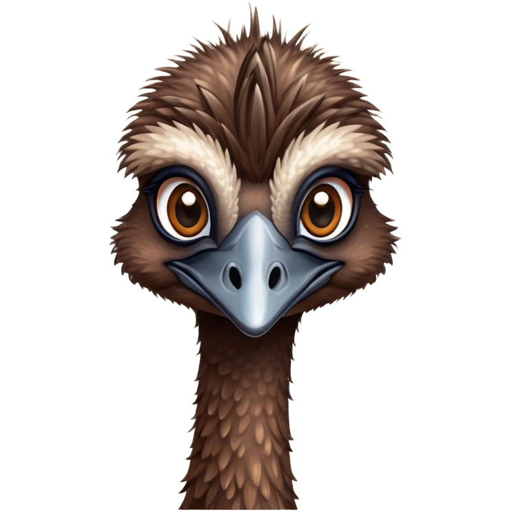 Cinematic Cute Emu Portrait Emoji, Head tilted playfully and inquisitively, featuring a glossy, textured brown plumage with a perky head and round, sparkling eyes full of curious wonder, Simplified yet irresistibly adorable features, highly detailed, glowing with a warm, friendly glow, high shine, affectionate and lively, stylized with a touch of outback whimsy, bright and endearing, soft glowing outline, capturing the essence of a mischievous yet loving emu, so playful it feels like it could gallop out of the screen into your arms! emoji
