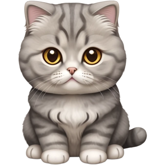 Cinematic-Fluffy-Grey-Scottish-Fold-Cat-Portrait-Emoji – Head tilted cutely with big, sparkling amber eyes, soft solid-grey fur with a velvety sheen, signature folded ears giving an irresistibly endearing look, simplified yet charmingly adorable features, highly detailed, glowing with a soft and warm charm. emoji