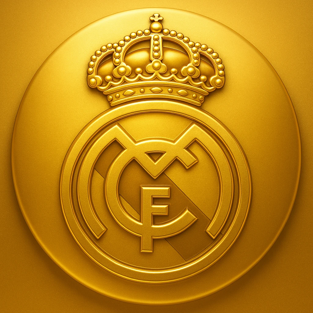 Add a luxurious golden effect to the Real Madrid logo in an emoji style. The style should reflect the look of emoji art with a focus on golden luxury. emoji