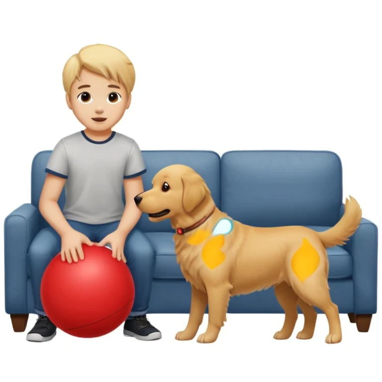 kid and dog playing with ball, living room background emoji