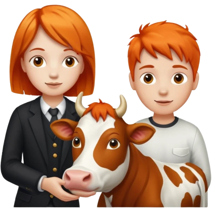 A boy and a girl with orange hair petting a cow emoji