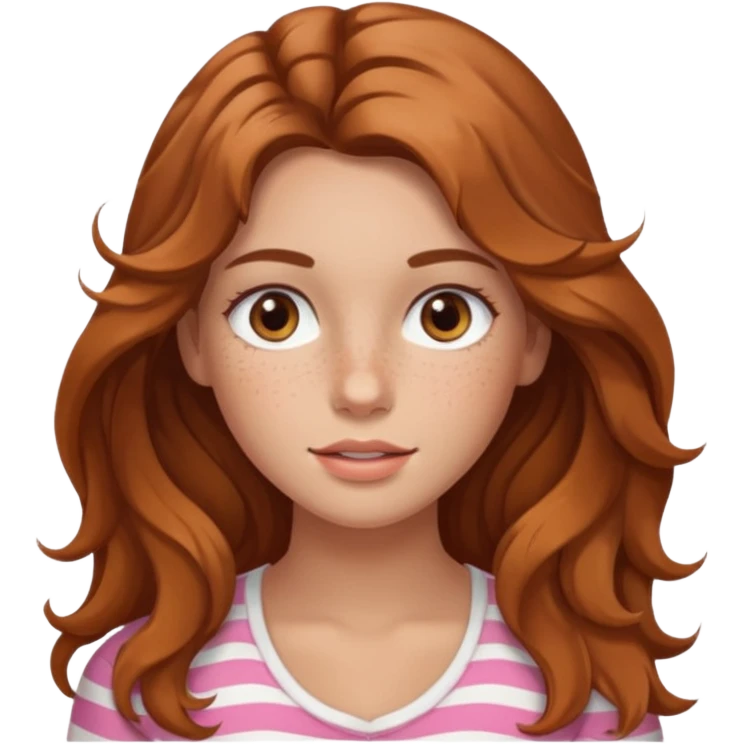 A girl with slightly tan skin but white, with freckles, brown long hair with no bags just face framing, beach waves hairstyle, brown eyes, light blush and normal size lips  emoji