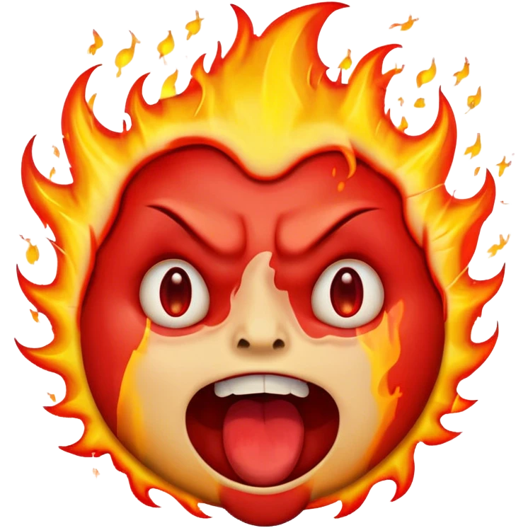 "A highly expressive emoji-style face with wide, bloodshot eyes and an open mouth, breathing a large burst of fire. The emoji has an exaggerated, cartoonish look with bright yellow and orange tones. The fire is detailed with red, orange, and yellow flames, creating a dramatic effect emoji