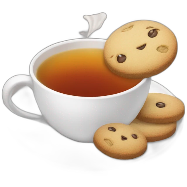 white cup of tea with a tea bag and cookies emoji