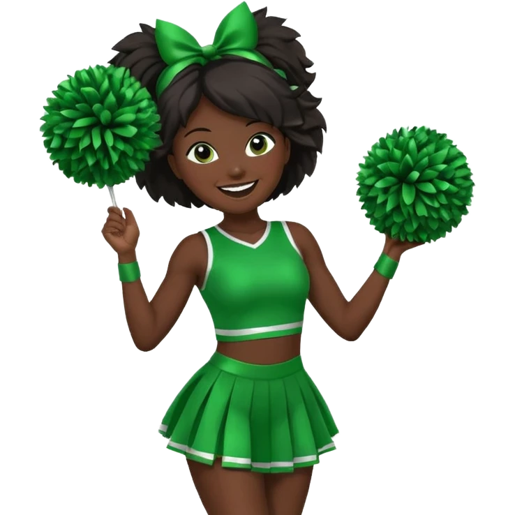 football cheerleader, holding a cheering pom, green dress and black skin emoji