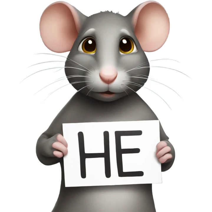 A rat holds a sign with the inscription "HE-HE" emoji
