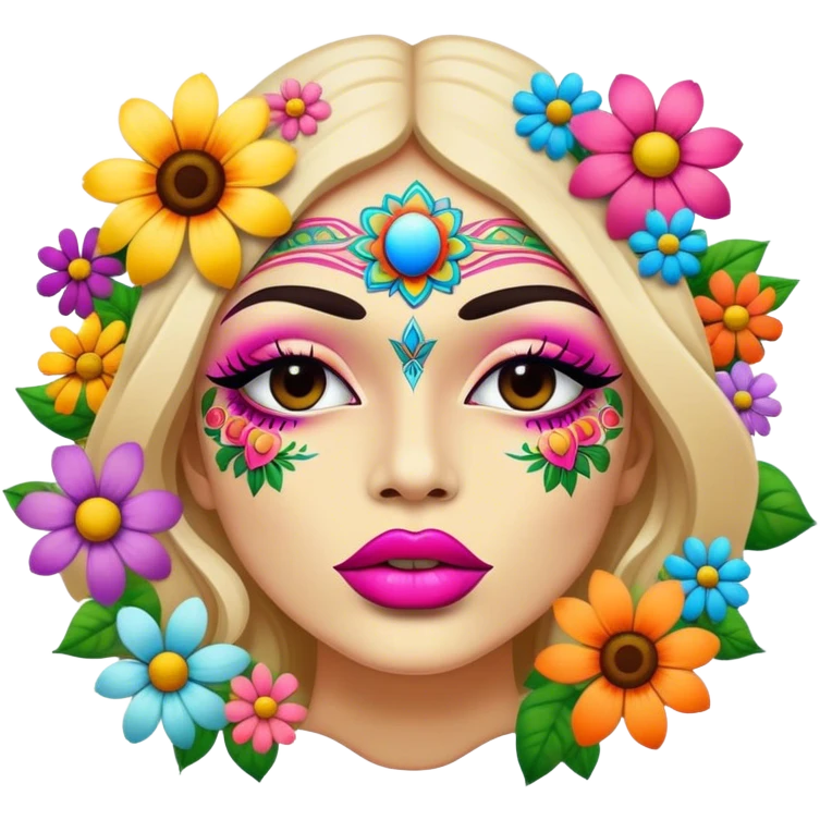 psychedelic colored pair of lips surrounded by hippie style flowers emoji