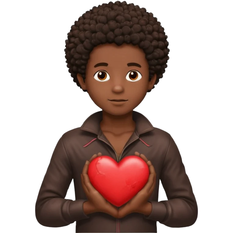 I want a black boy with chocolate skin and a small messy afro holding a heart close to his chest as if to present it to someone he loves. emoji