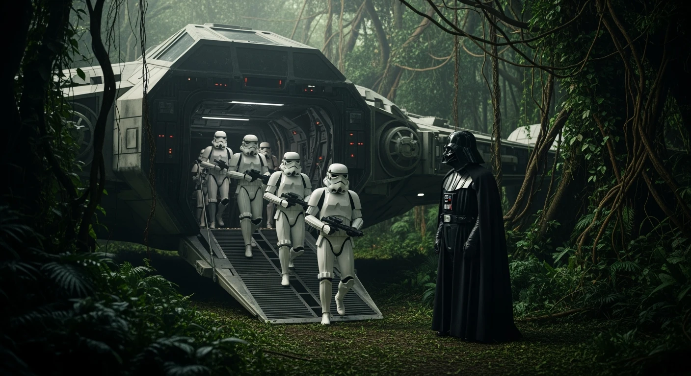 cinematic still, Closeup shot, amazon jungle, Darth Vader around stormtroopers coming out from starship on ground, they are exploring the jungle, inspired by StarWars movie, captured by arri alexa emoji