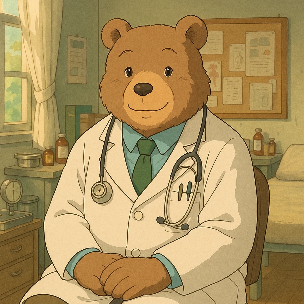 bear doctor, ghibli style, gentle and warm, medical setting, soft colors emoji