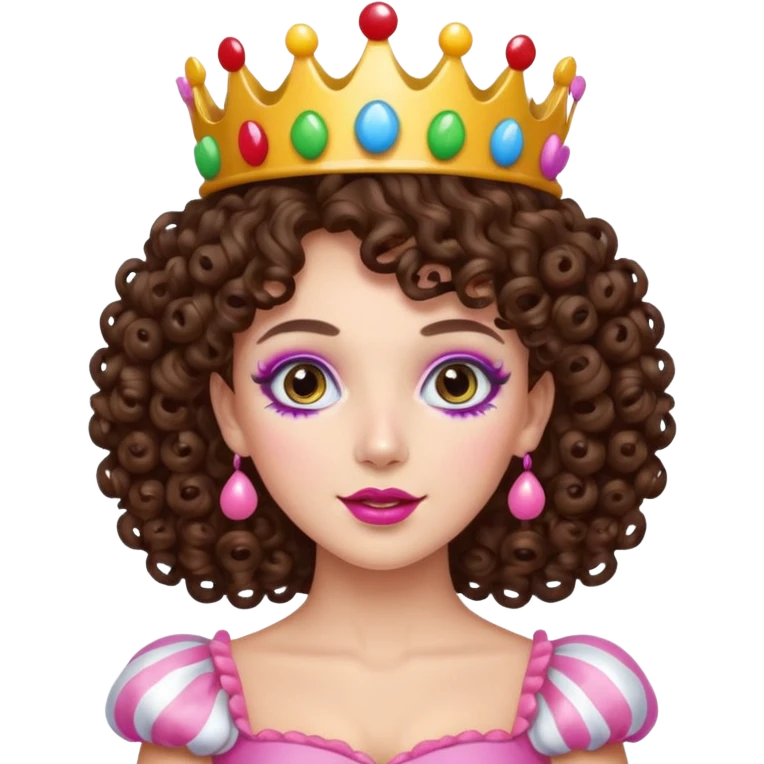 brunette curly haired queen of the candyland, with candy makeup candy crown and just face emoji