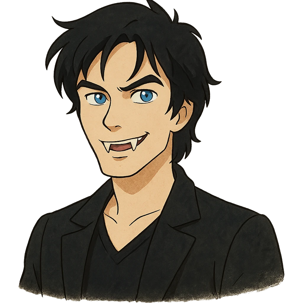 ghibli style Damon Salvatore as a vampire with dark hair, blue eyes, fangs, charming expression emoji