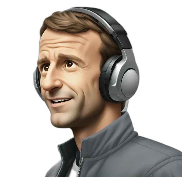 Emmanuel Macron wearing earphones vibing at the music emoji