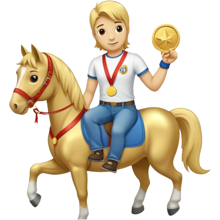 friendly anthropomorphised horse in jeans and a t-shirt, wearing a gold medal emoji