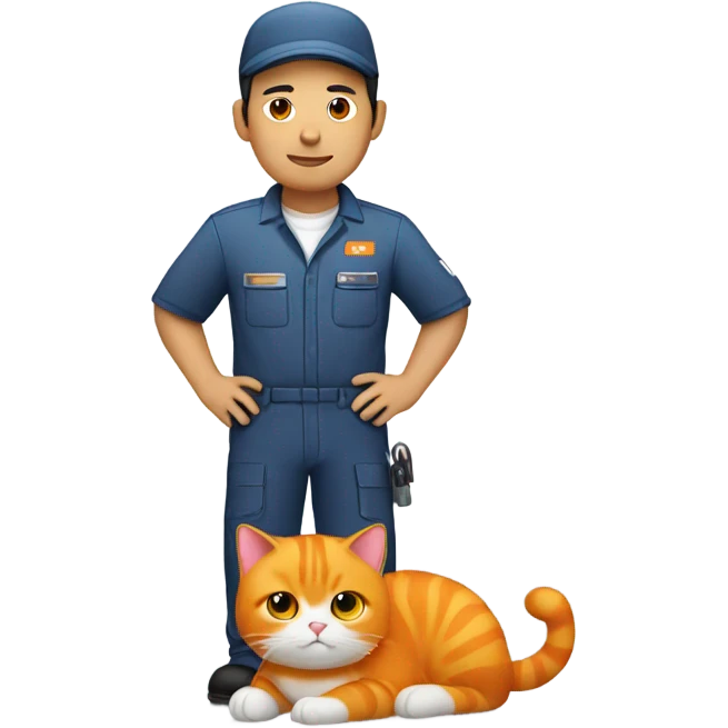 Asian man in mechanic uniform holding fat orange cat  emoji