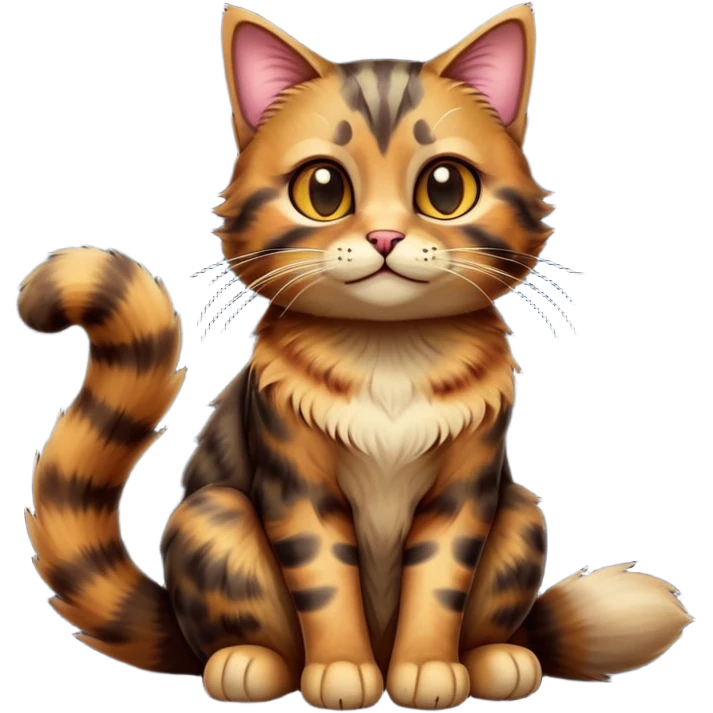 cinematic-[tortoiseshell tabby cat]-realistic-full-body-sitting-emoji,-tail-curled-playfully-around-its-paws,-head-tilted-dramatically,-scruffy-[tortoiseshell coloured]-fur,-simplified-yet-realistic-focused-features,-highly-detailed,-glowing-with-an-almost-sarcastic-glow emoji