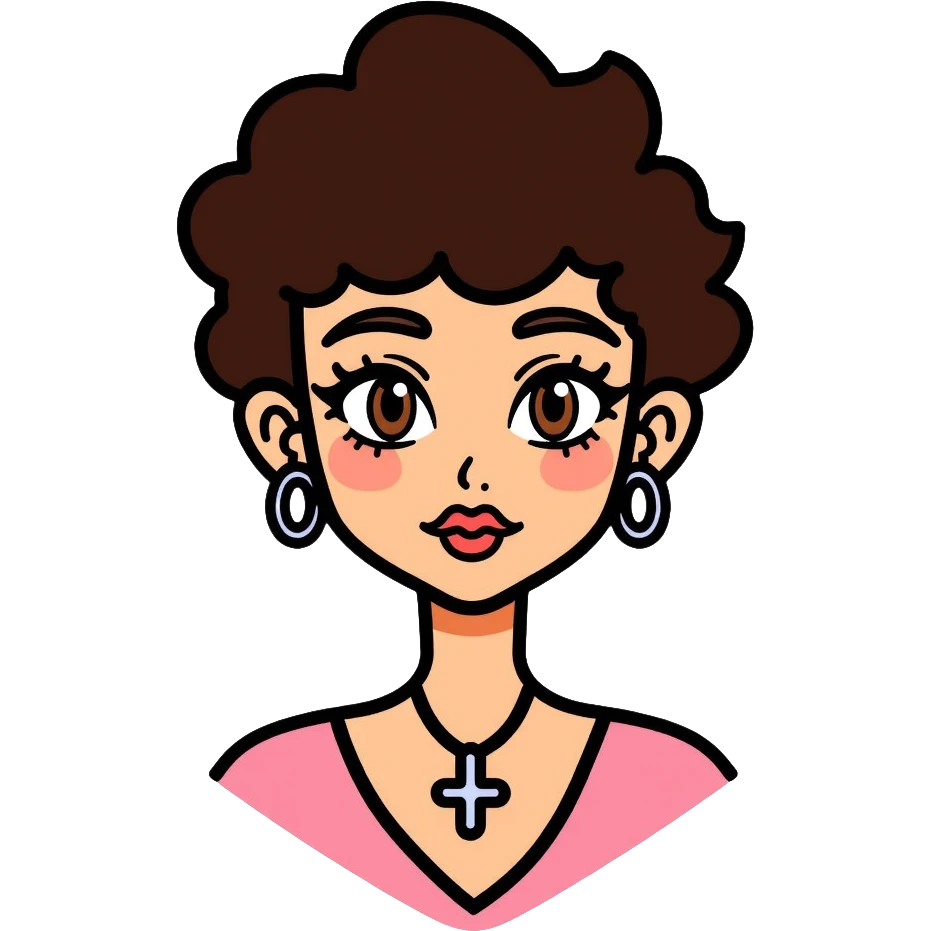 Light-skinned girl with honey brown eyes, long thick eyelashes, thin dark brown eyebrows, dark brown short curly hair with light highlights, flushed lips with heavy cupid bow, wearing a silver cross necklace, round silver earrings, and a light pink top with v-line emoji