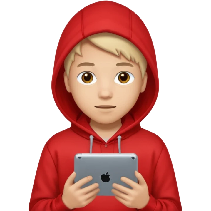 Teen gaming on tablet, red hoodie emoji