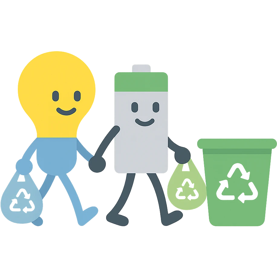 a lightbulb and a battery holding hands, each carrying bags to recycle, walking together toward a recycling bin emoji
