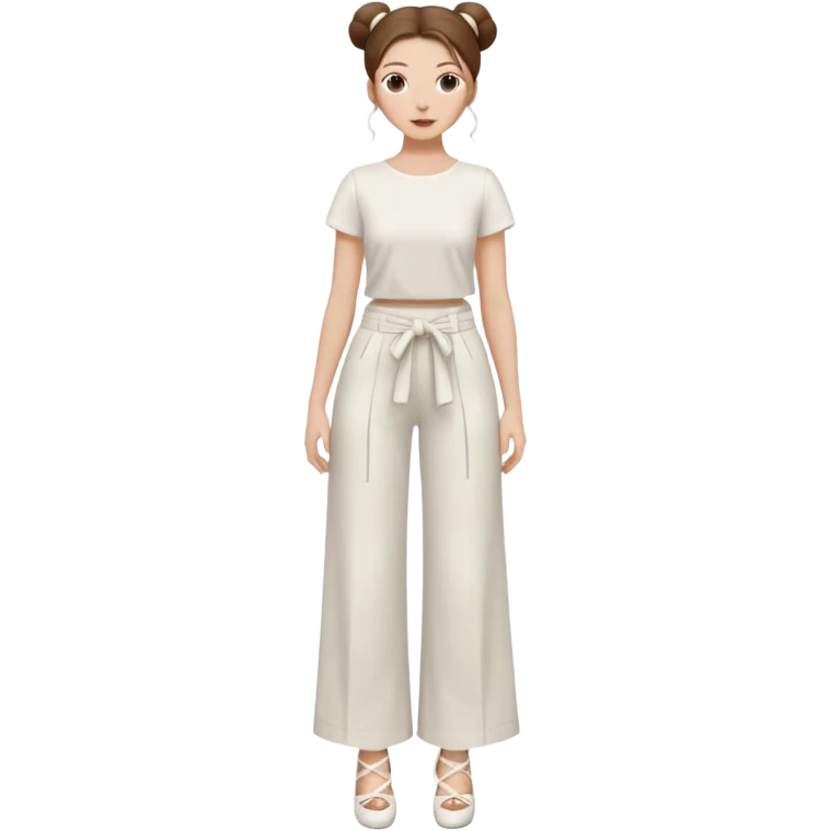 Chica blanca, traje pantalón blanco ancho, muy largo zapatos blancos tacon pelo recogido con mondongos mechones sueltos castaño ycuerpo entero emoji