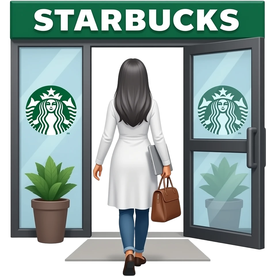 backside of dark indian woman with long straight gray and long sleeve white top and laptop bag hair from the back as she walks out of starbucks emoji