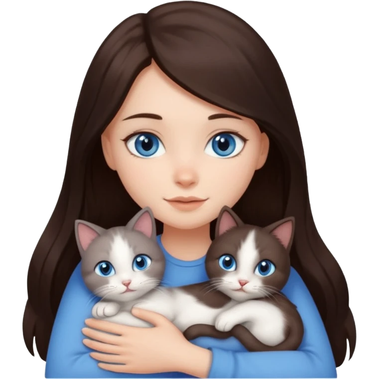 a pretty girl with long dark 
brown hair, with blue eyes, hugs 3 different natural coloured small cats emoji