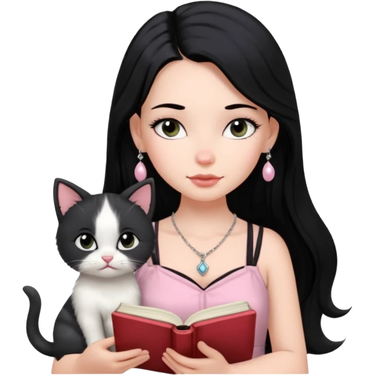 Menina branca ,cabelos pretos longos, olhos pretos puxados para cima. Cílios longos, lábios grossos ,nariz pequeno ,vestido rosa claro de alça. Colar e brinco bem pequeno. Lendo um livro com gatinho preto e branco. emoji