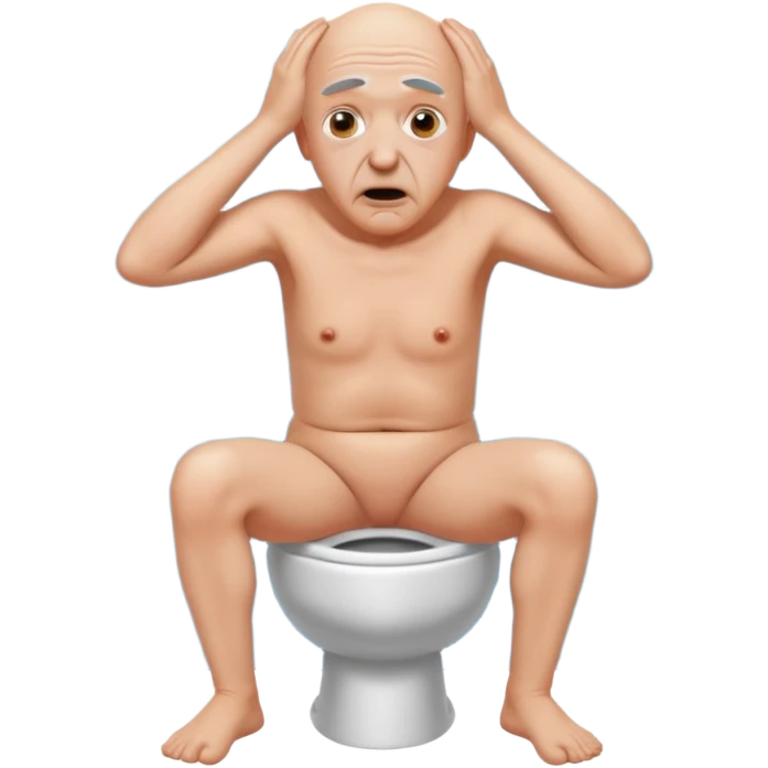 A bald person who’s very old is staring, he’s inside a toilet and his head is upright and looking at the camera with very wide eyes and his hands are putting pressure on his head, very scared expression and he’s twerking emoji