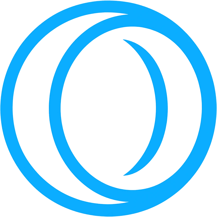 Create a very simple flat color clip art style logo of Opera GX using the exact blue color from the reference images. The design should be minimal with no text and a transparent background. emoji