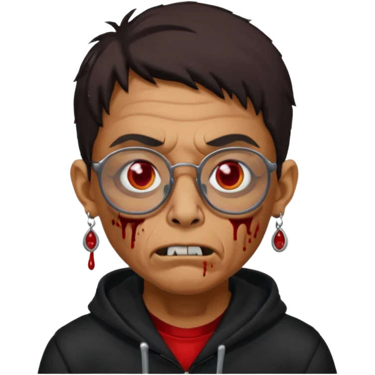 Chico moreno zombie, con gafas y sudadera negra, dos aretes en la oreja izquierda y dos en la derecha, ojeras en los ojos y emoji