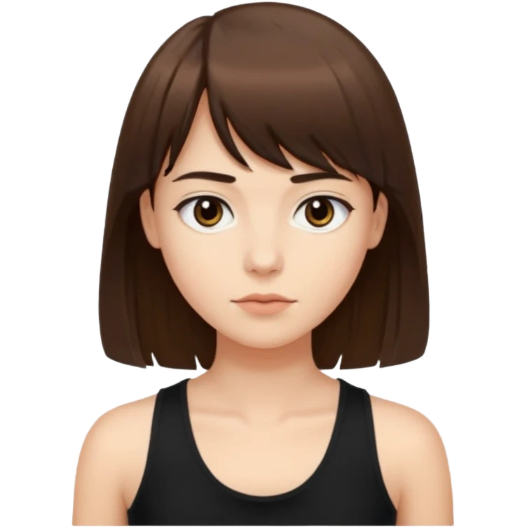 Crie um emoji que tenha o cabelo castanho médio, de cumprimento no peito, que tenha uma franja no tamanho da sobrancelha, com os olhos escuros e que use uma regata preta emoji