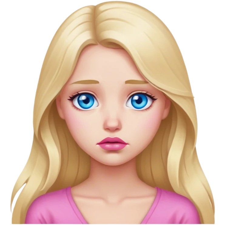A beautiful blonde girl with long hair, blue eyes, pink lips is sad emoji