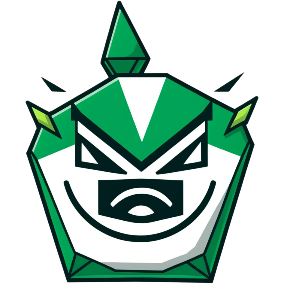 Geometric Maya style angry emoji - spam message, strictly white and deep dark green only, angular sharp lines emoji
