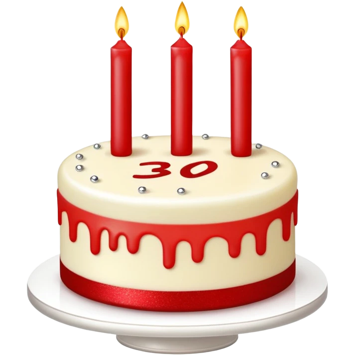 cake with red edges, glitter on top and two long, thin candles with the number 30 written on them emoji