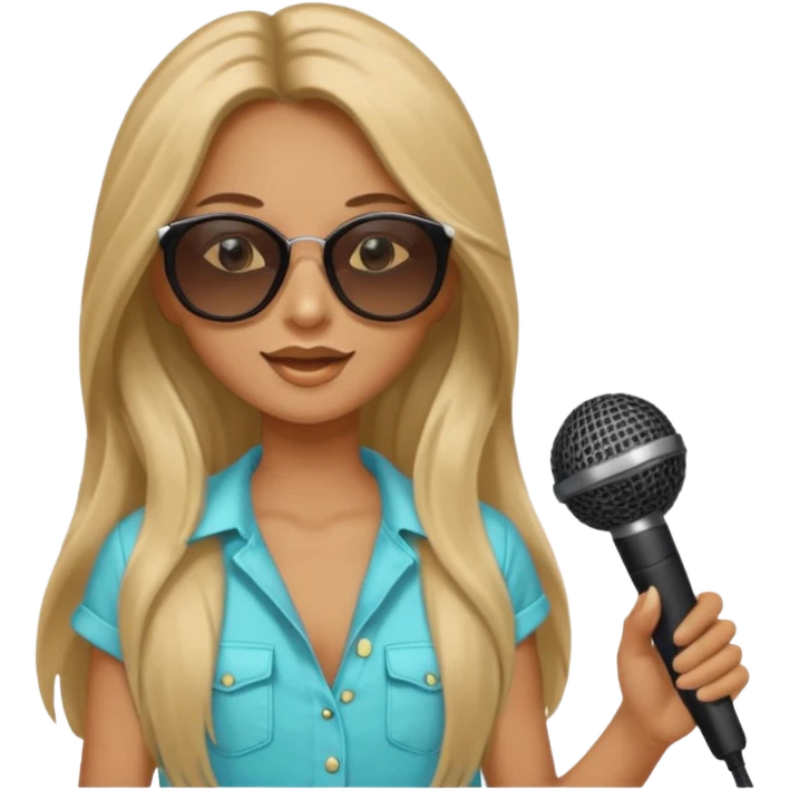 long haired woman with summer clothes and sun glasses holding microphone emoji