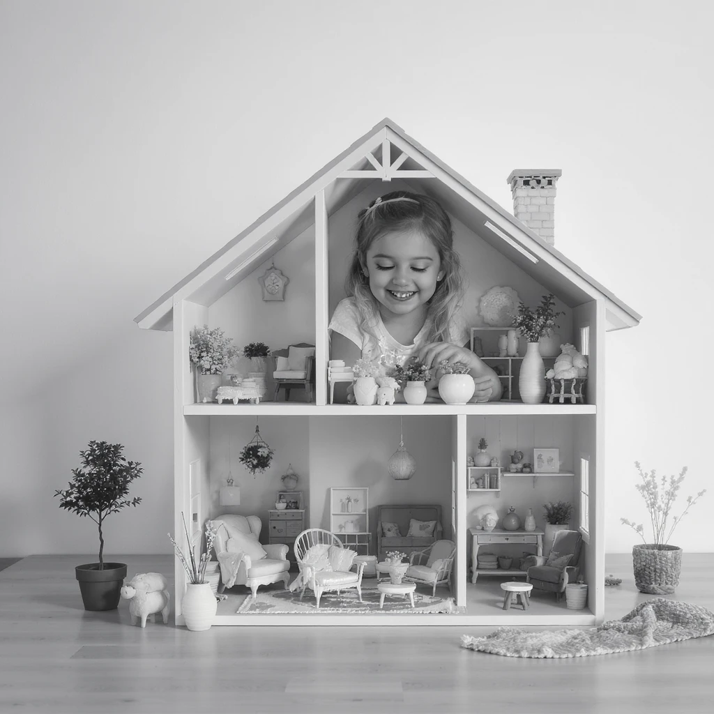 smiling girl arranging furniture in doll house emoji