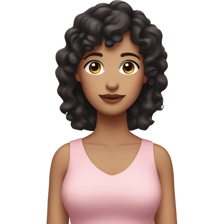 White woman with long black curly hair and bangs and dark brown eyes, wearing a pastel pink dress emoji