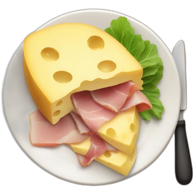 A big Melting raclette cheese in a plate with a little piece of ham and 4 potatoes  emoji