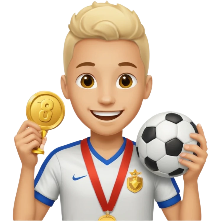 Happy light soccer player with a first-place medal
 emoji