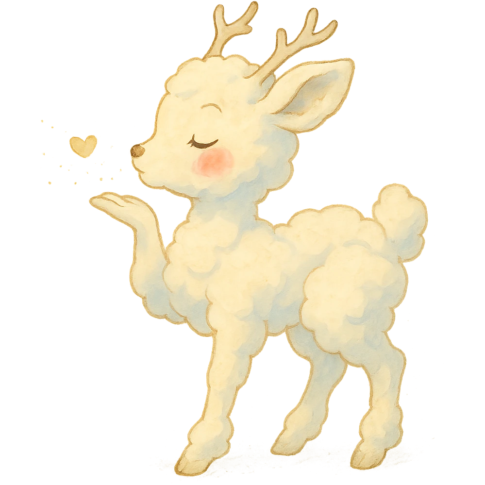 vanilla cloud doe with rosy cheeks, blowing a sparkling kiss, soft Ghibli style emoji