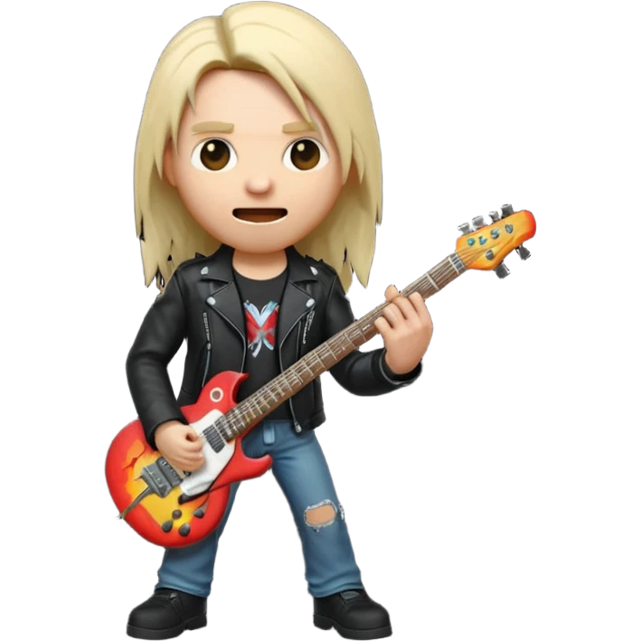 3D Apple-style emoji of a metal musician holding an electric guitar with a bold "ROCK" sign above. Long hair, black leather jacket, ripped jeans, intense expression. Rounded, glossy, smooth, soft shadows, white background.











 emoji