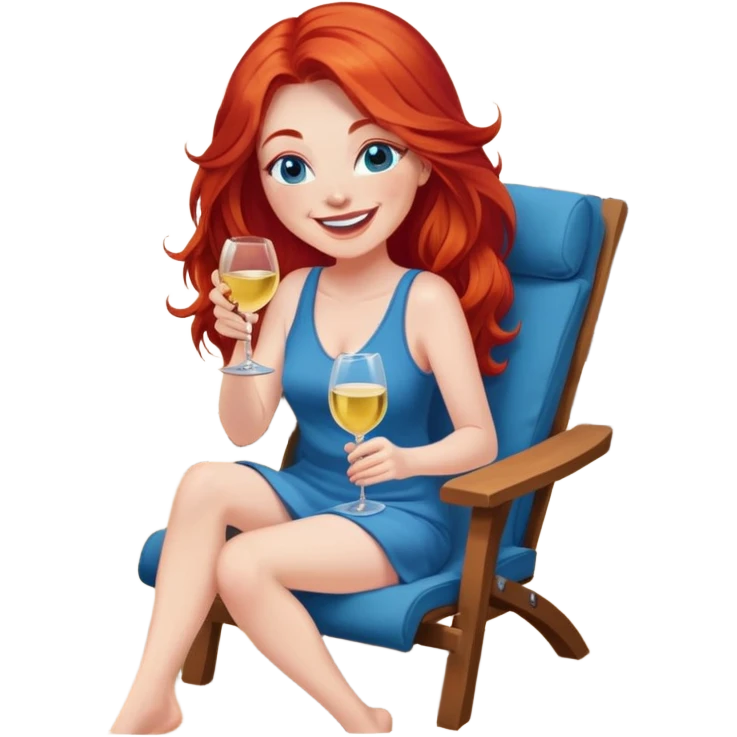 Laughing woman with long red hair and blue eyes holding white wine sitting in chair with feet up beside fire pit emoji