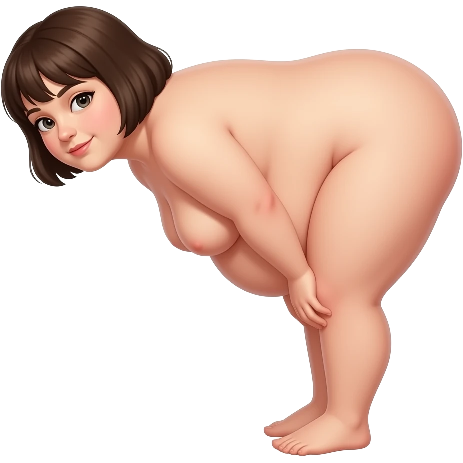 short brown hair, bending over , with a fat ass. fully naked. emoji