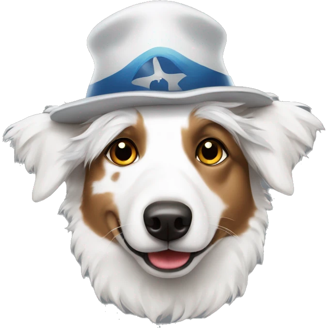 White australian shepherd wearing a propeller hat emoji