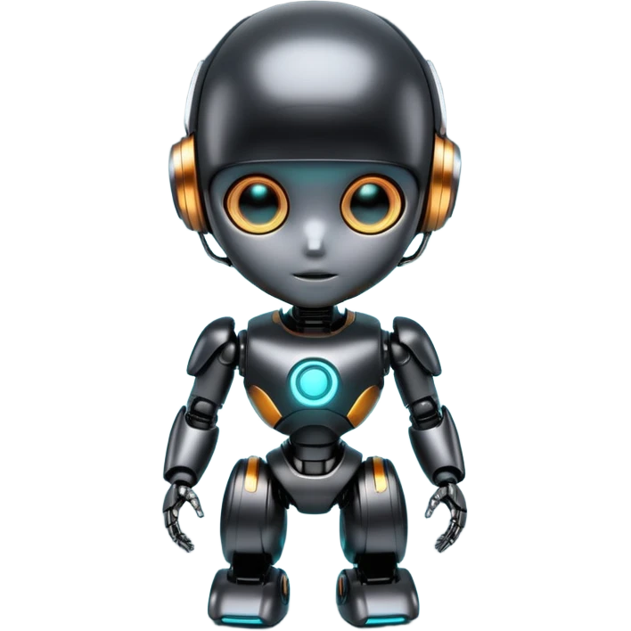 Cute futuristic chibi humanoid robot with large rounded head, glossy black and grey metal body, glowing cyan and amber eyes, visible joints, confident pose, white background, high-detail 3D render, add text on chest "LMX". emoji