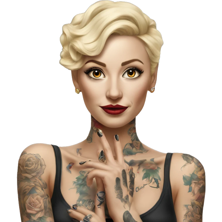 Blonde elegant women, her Body Covered with Tattoos, POINTING ON YOU with her HAND , Hyper realistic emoji
