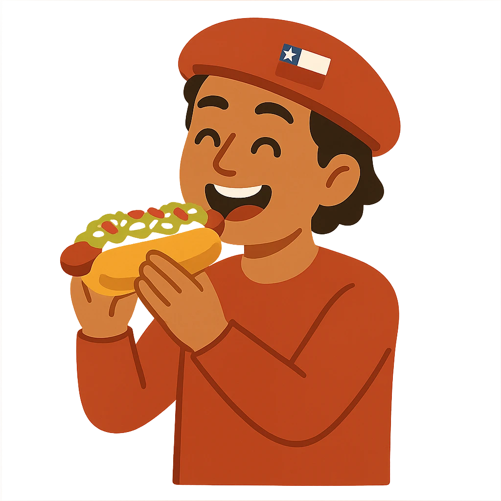 flat toon style of a Chilean person happily eating a completo hot dog emoji