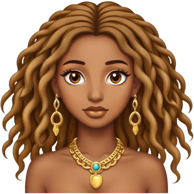 Brown skin women with locks, eyelashes and a lot of gold jewellery  emoji