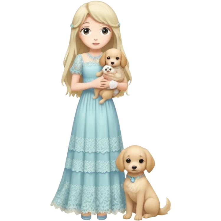 Pastel anime lady long hair with long lace dress full body holding puppy emoji