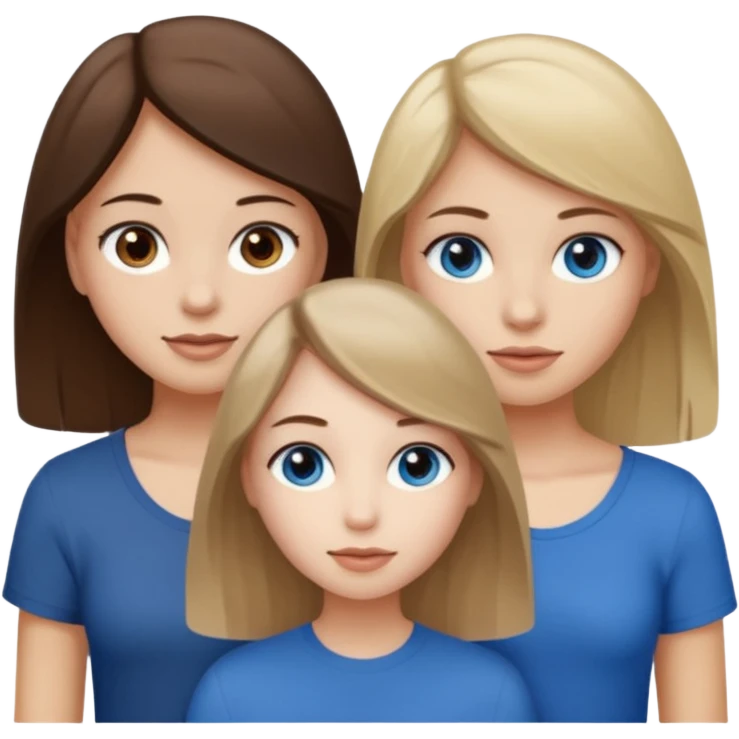 three people who are friends and the features are as follows: one girl who is white, has brown hair and brown eyes; one girl who is dirty blonde with blue eyes; one girl who is tan with dark brown hair and dark brown eyes emoji